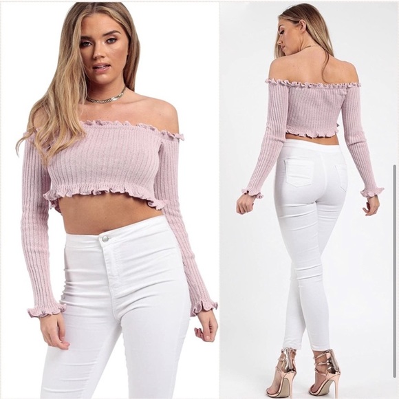 Muave Off The Shoulder Ribbed Crop Top - Picture 3 of 9